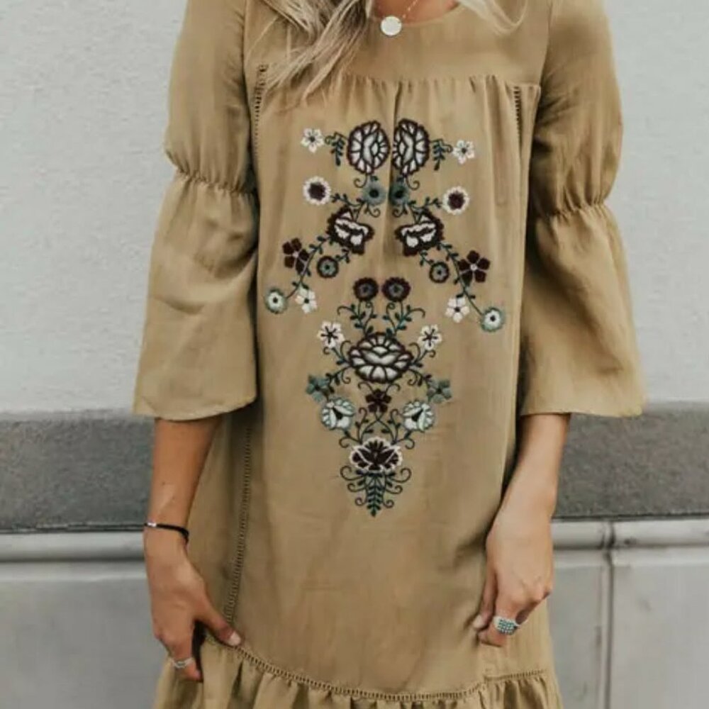 POLAGRAM Embroidered Boho Bell Sleeve Dress Mustard Floral L - Picture 2 of 9
